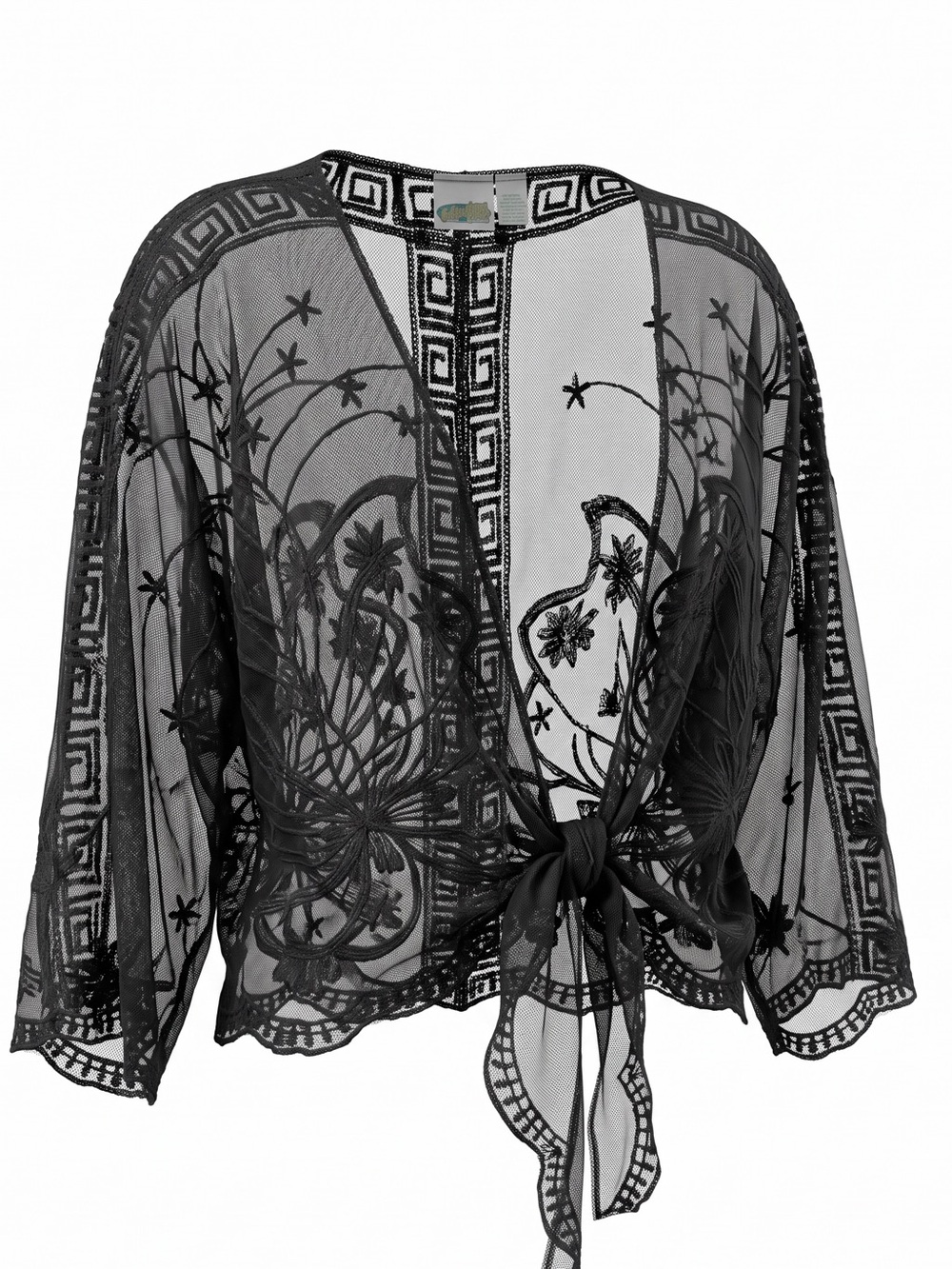 Sheer Embroidered Tie-Front coverlet - Black